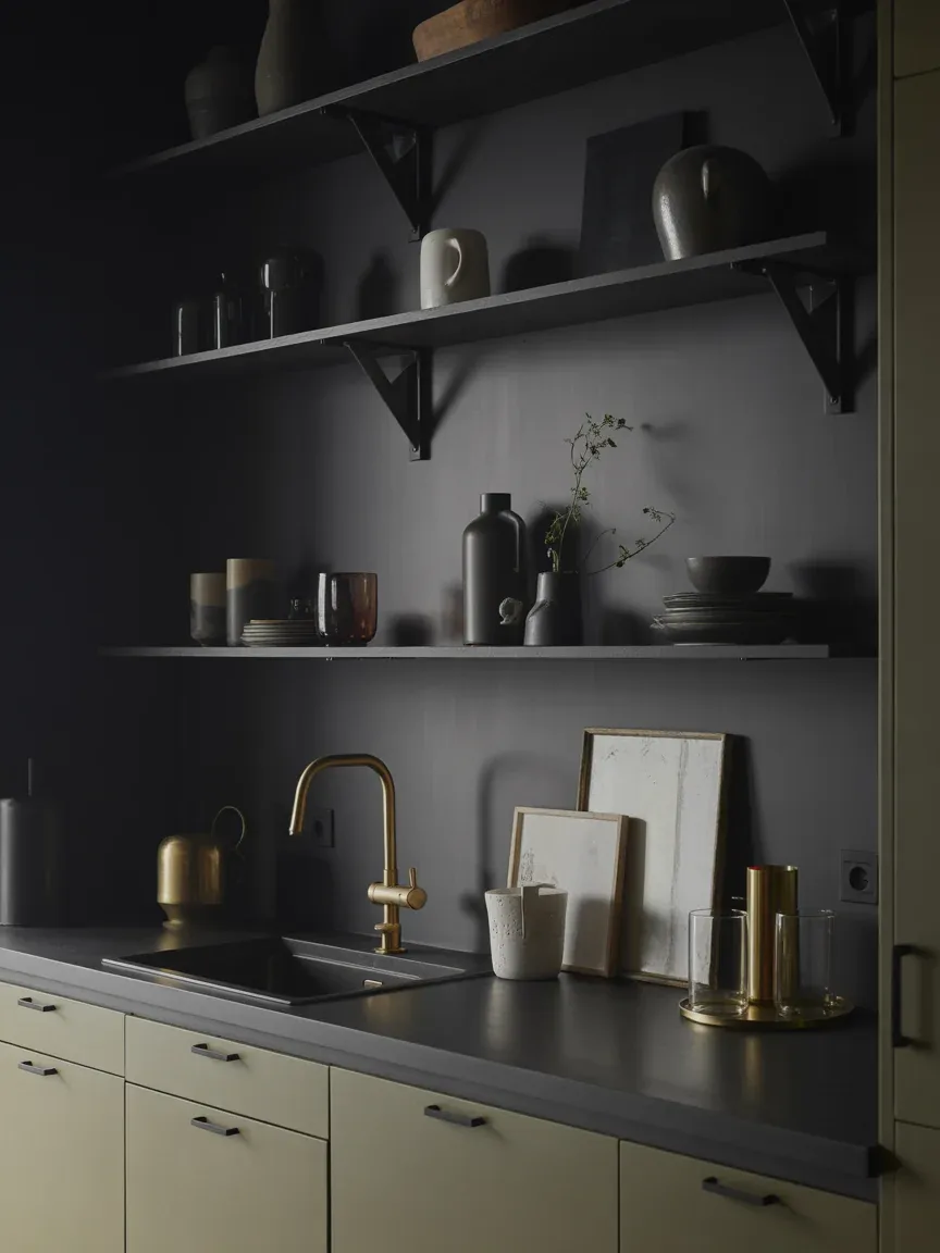 3. Moody Black Kitchen With Dramatic Shelving 3. Moody Black Kitchen With Dramatic Shelving
