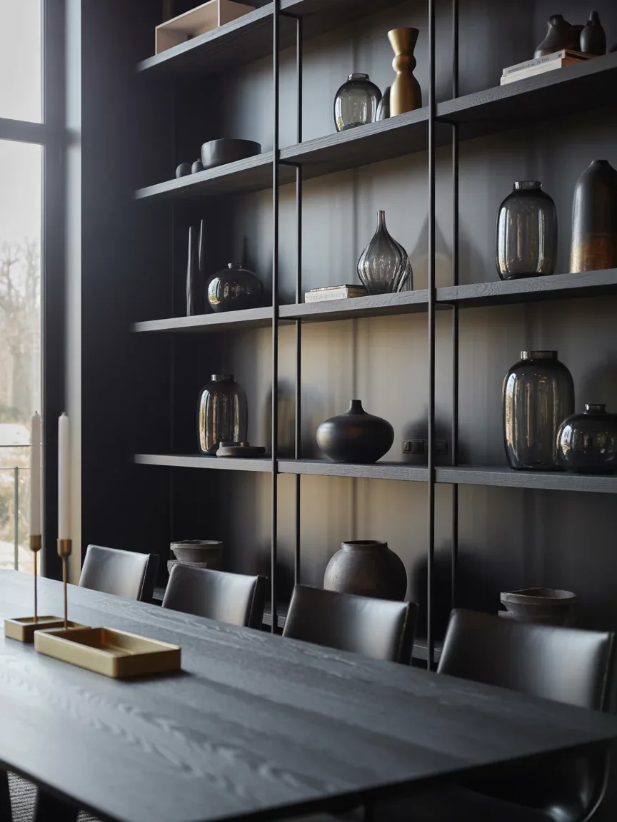 2. Moody Black Shelves Against Deep Charcoal Walls 2. Moody Black Shelves Against Deep Charcoal Walls