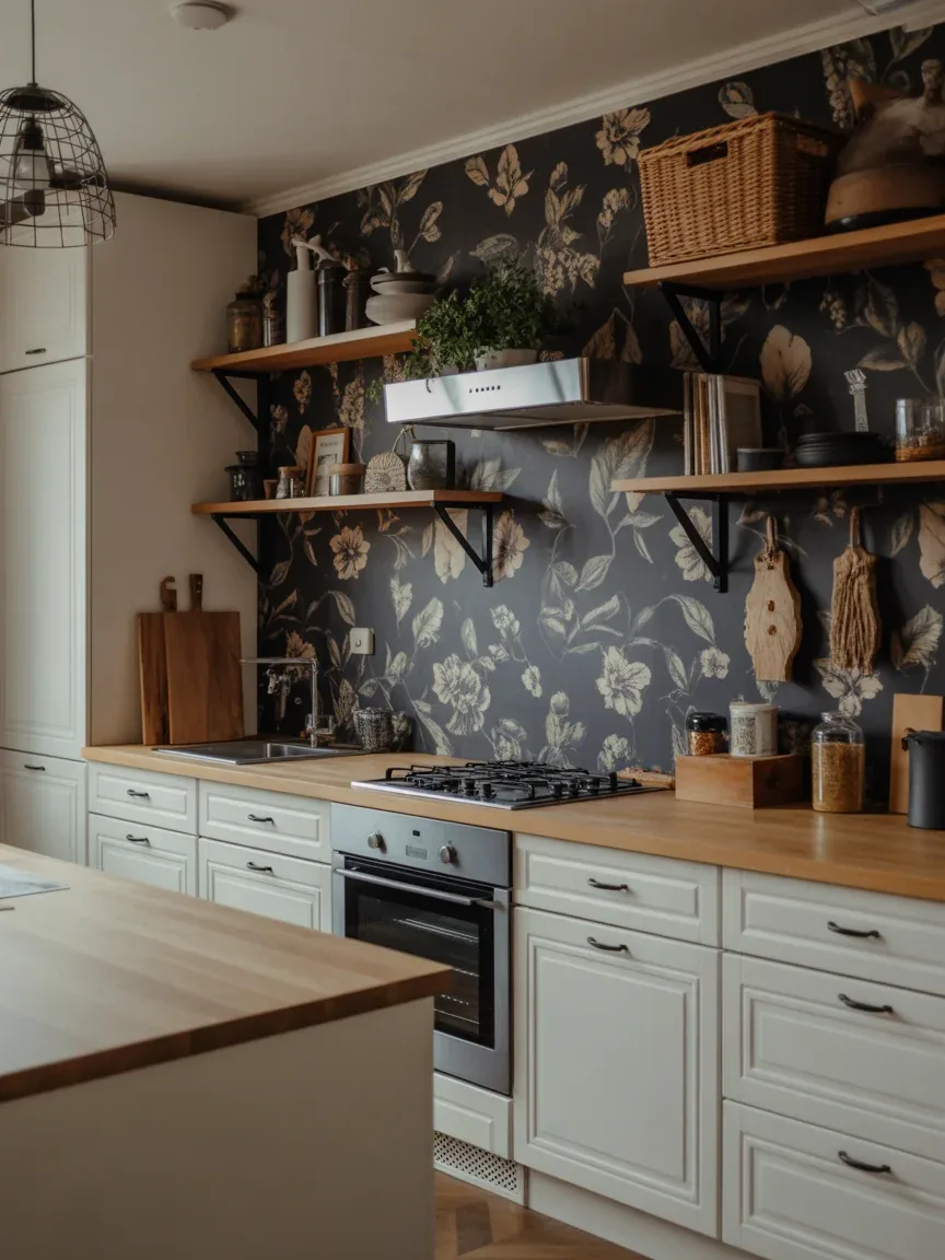 13. Moody Charcoal Floral Accent Wall Kitchen 13. Moody Charcoal Floral Accent Wall Kitchen