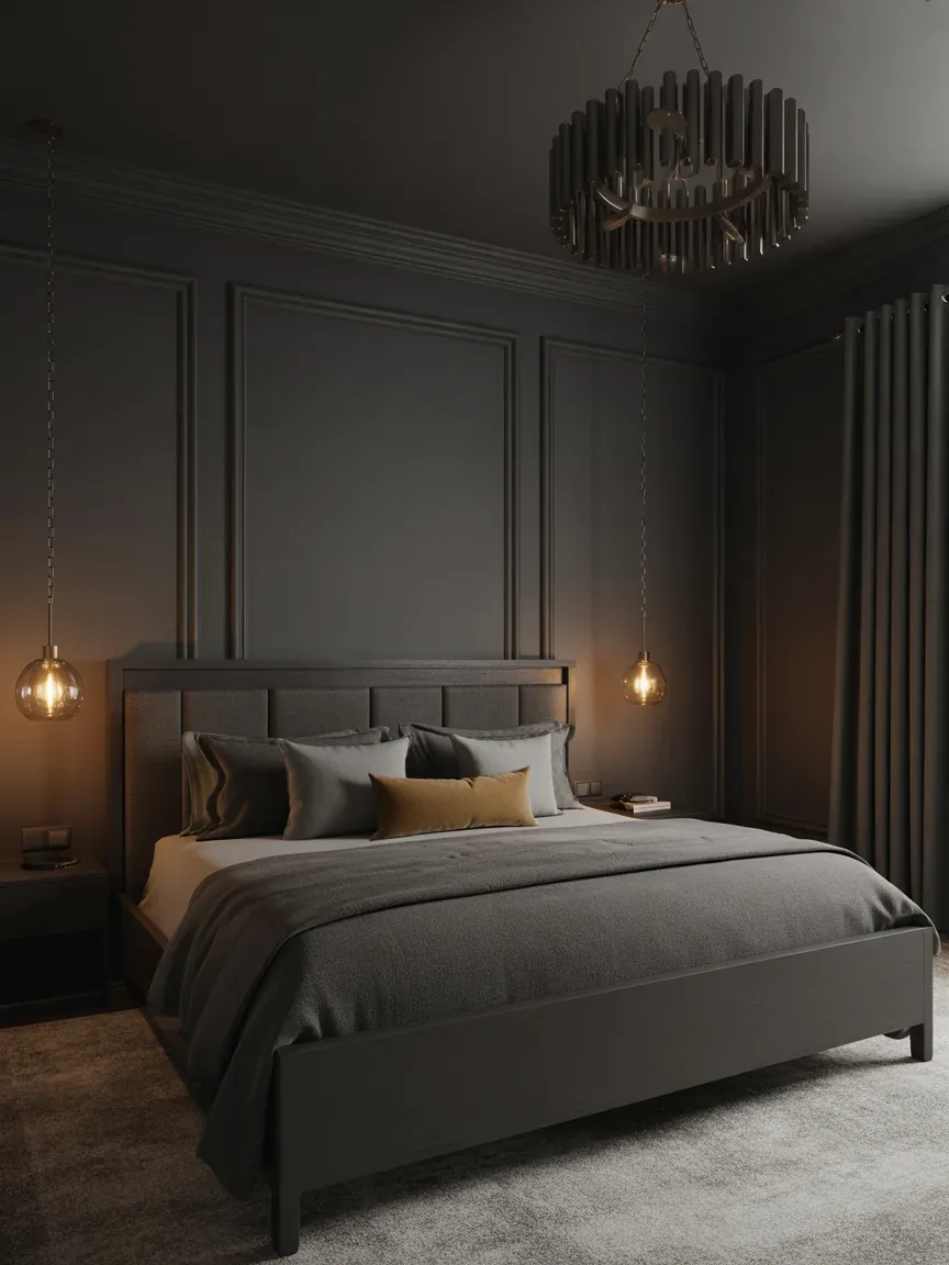 2. Moody Charcoal Retreat With Statement Lighting 2. Moody Charcoal Retreat With Statement Lighting