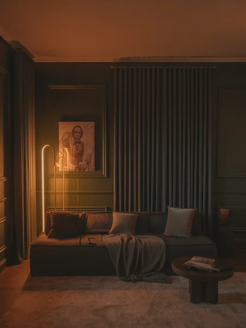 14. Moody Dark Palette With Matching Curtains 14. Moody Dark Palette With Matching Curtains