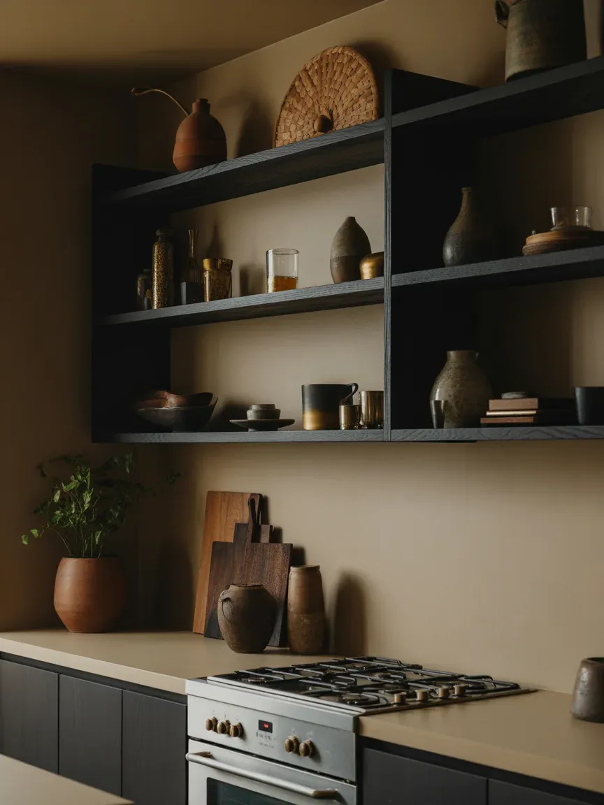 5. Moody Dark Shelves With Warm Accents 5. Moody Dark Shelves With Warm Accents