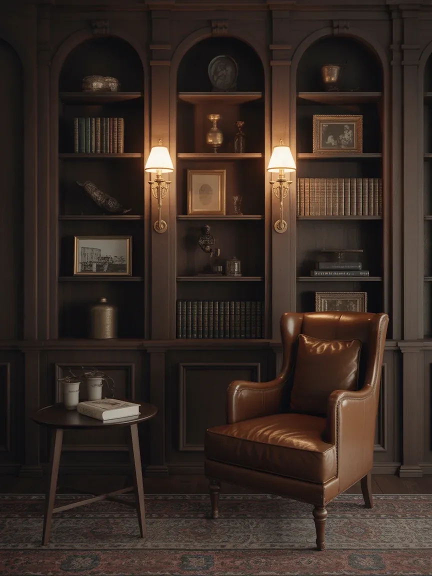 3. Moody Dark Wood Library With Brass Accents 3. Moody Dark Wood Library With Brass Accents