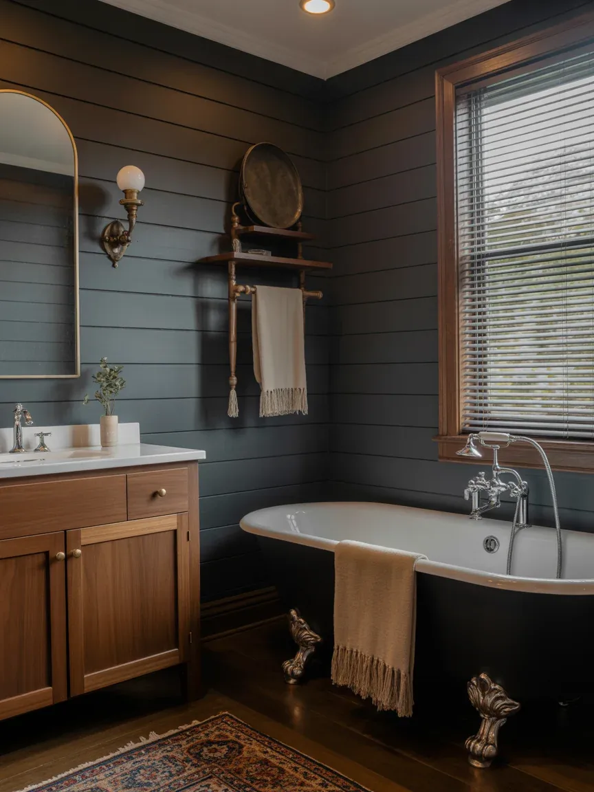 13. Moody Farmhouse Bathroom With Dark Drama 13. Moody Farmhouse Bathroom With Dark Drama