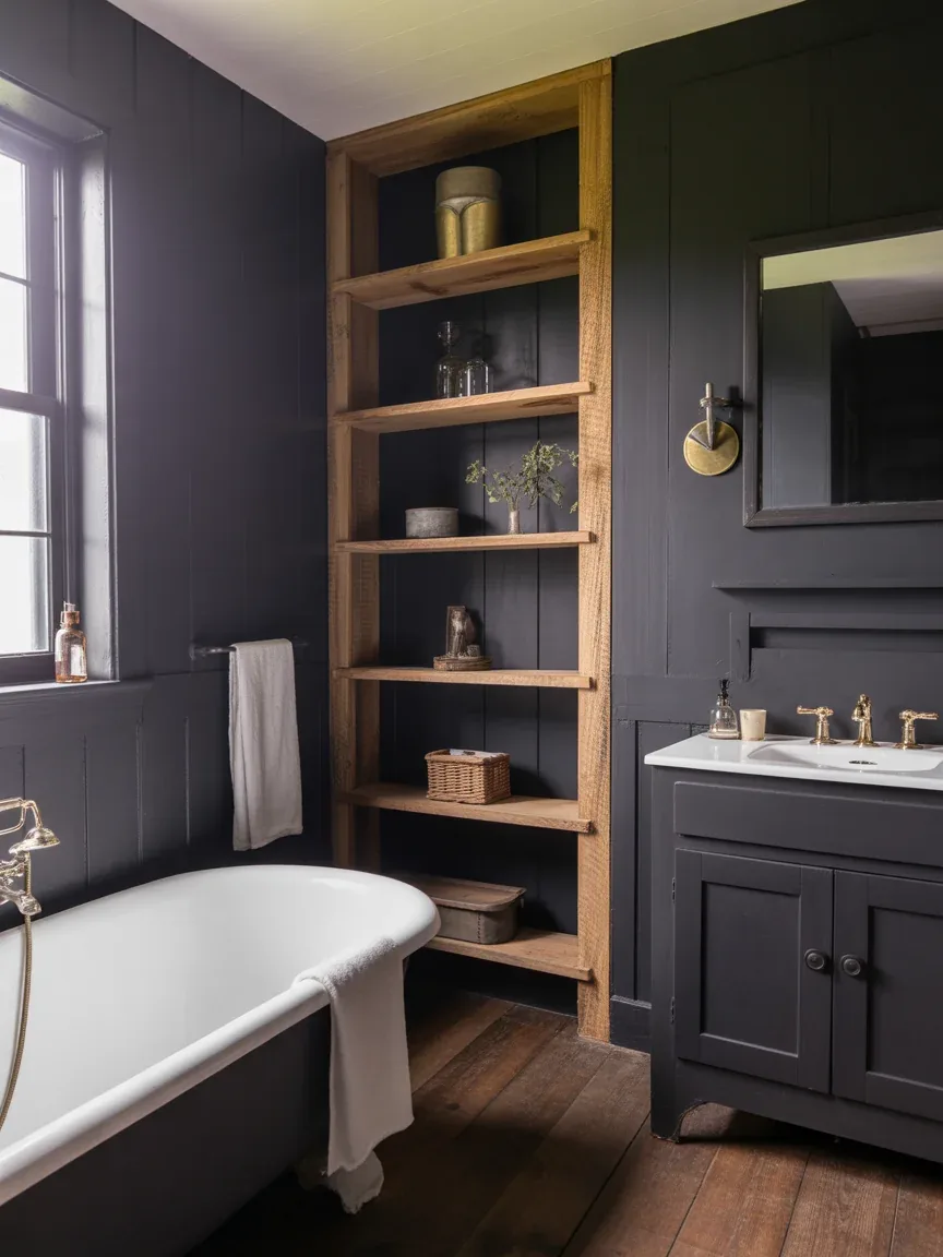 6. Moody Farmhouse Bathroom With Deep Charcoal Walls 6. Moody Farmhouse Bathroom With Deep Charcoal Walls