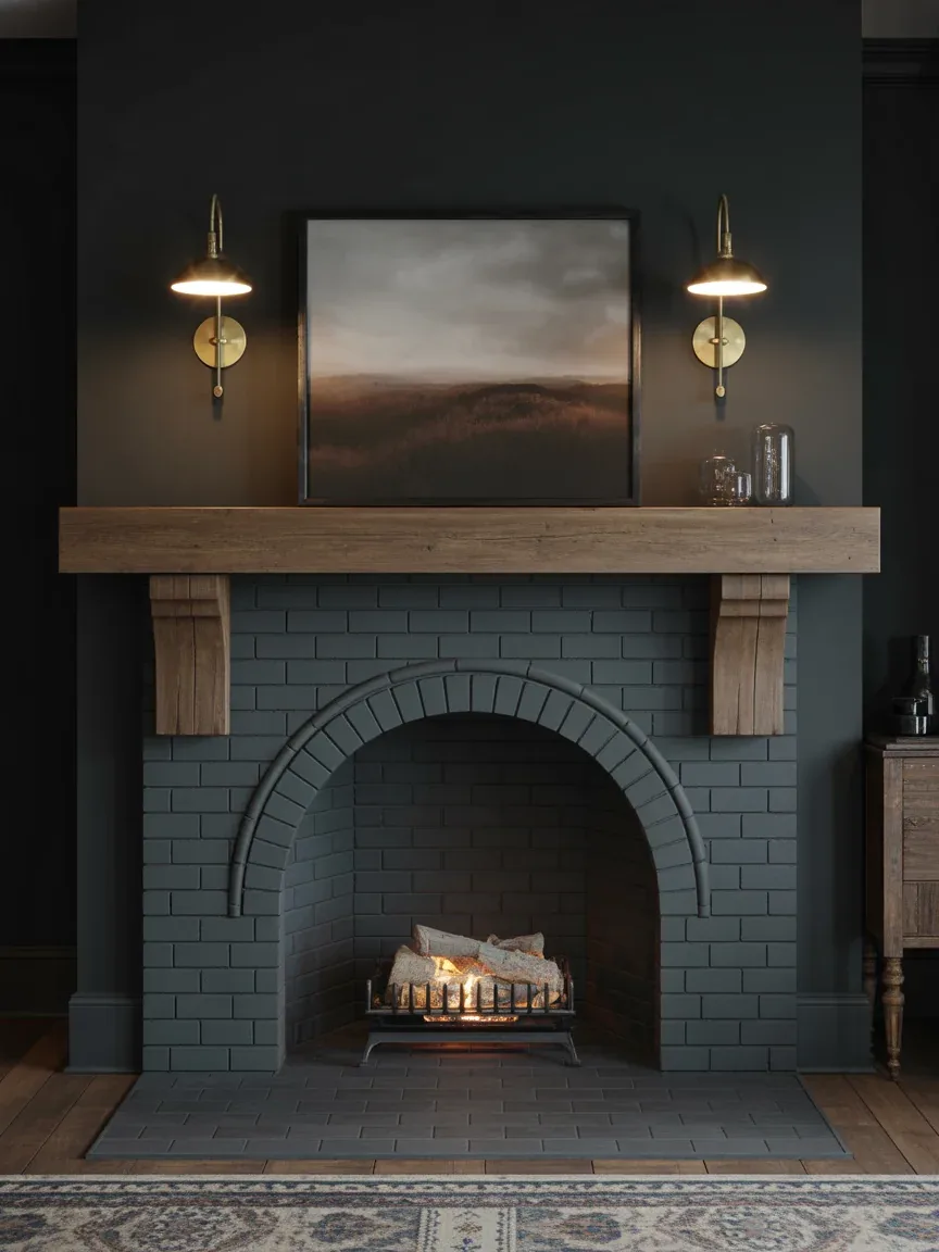 14. Moody Farmhouse Mantel With Deep Charcoal Walls 14. Moody Farmhouse Mantel With Deep Charcoal Walls