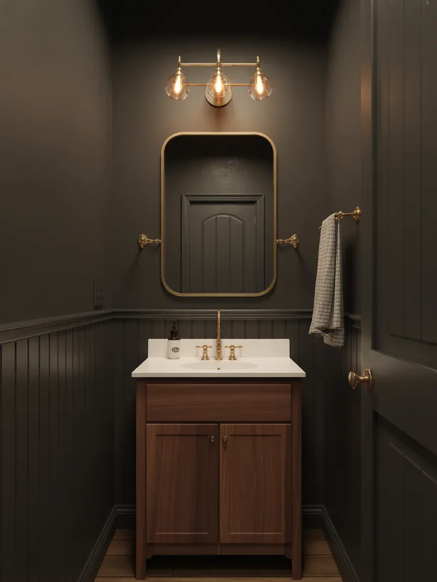 5. Moody Farmhouse Powder Room With Dark Paint 5. Moody Farmhouse Powder Room With Dark Paint