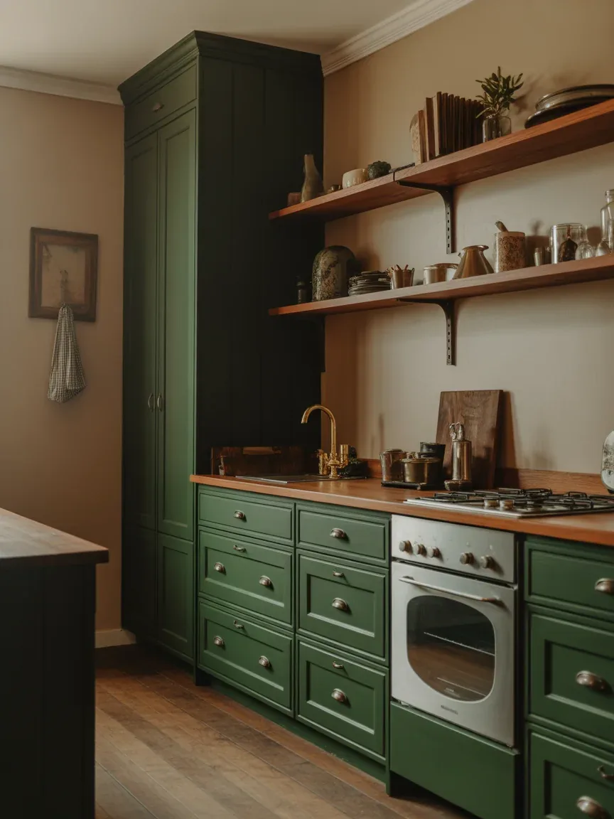 2. Moody Green Cottage Kitchen With Brass Details 2. Moody Green Cottage Kitchen With Brass Details