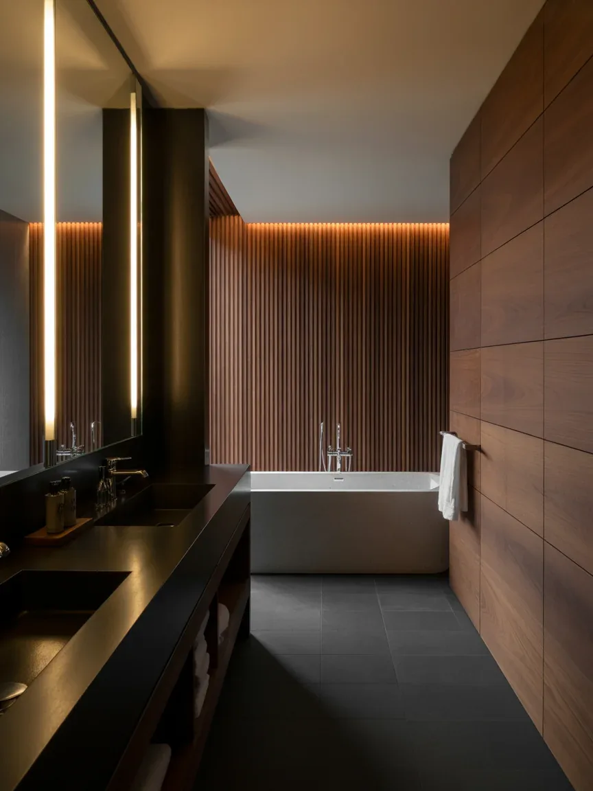 3. Moody Hotel-Inspired Bathroom With Backlit Mirror Wall 3. Moody Hotel-Inspired Bathroom With Backlit Mirror Wall