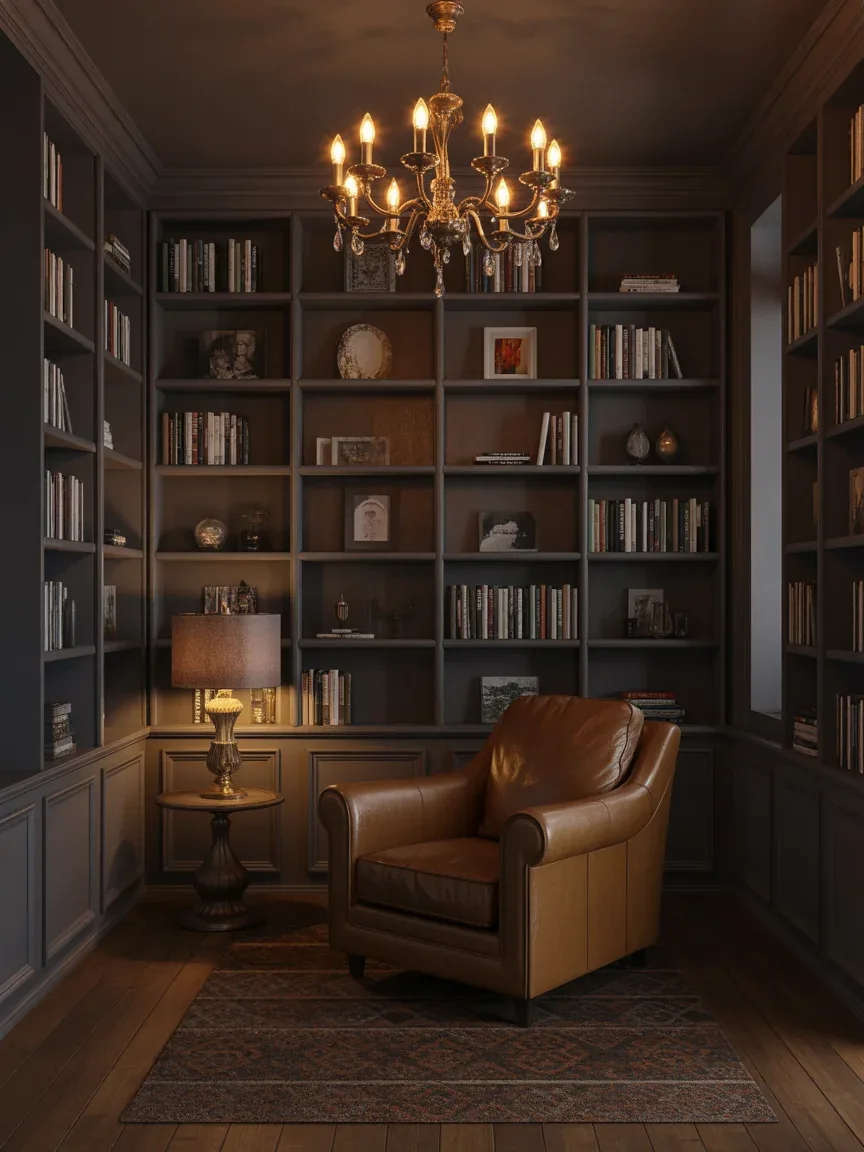 9. Moody Library With Vintage-Inspired Chandelier 9. Moody Library With Vintage-Inspired Chandelier