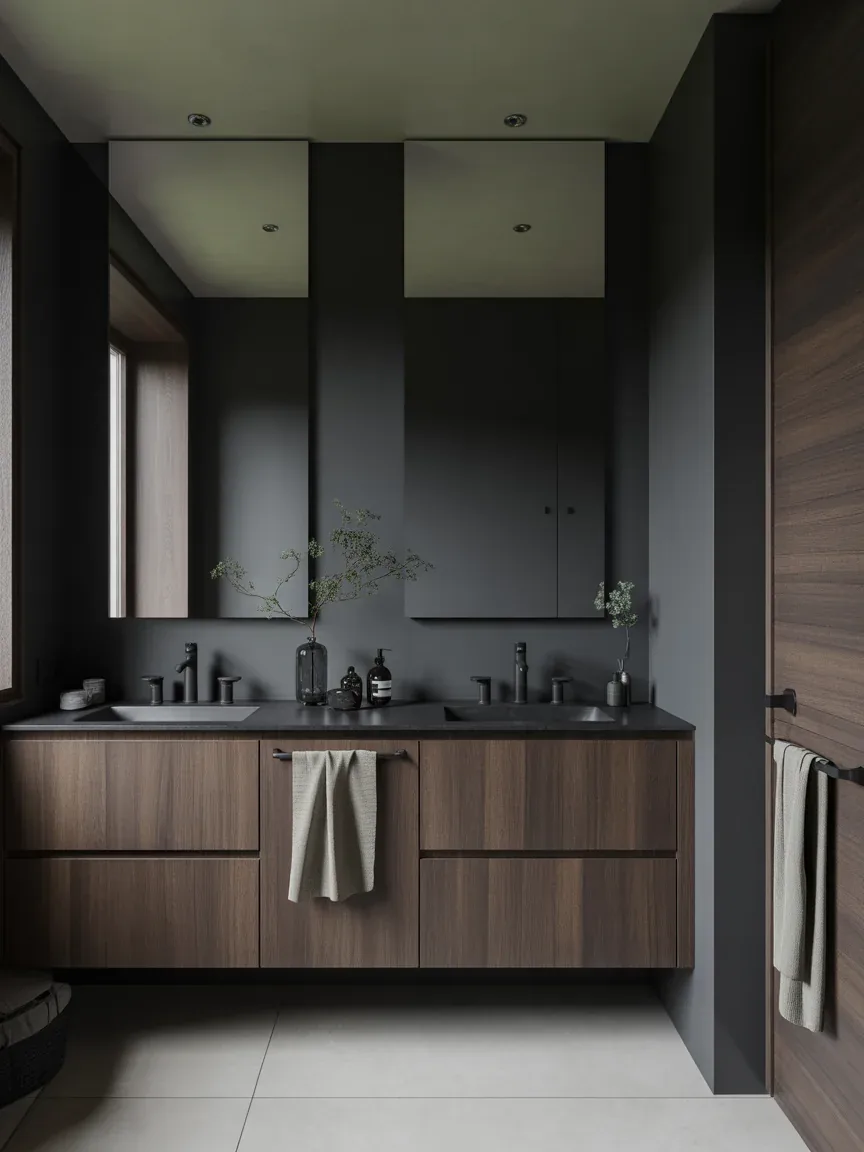 16. Moody Scandinavian Bathroom With Smoked Oak 16. Moody Scandinavian Bathroom With Smoked Oak