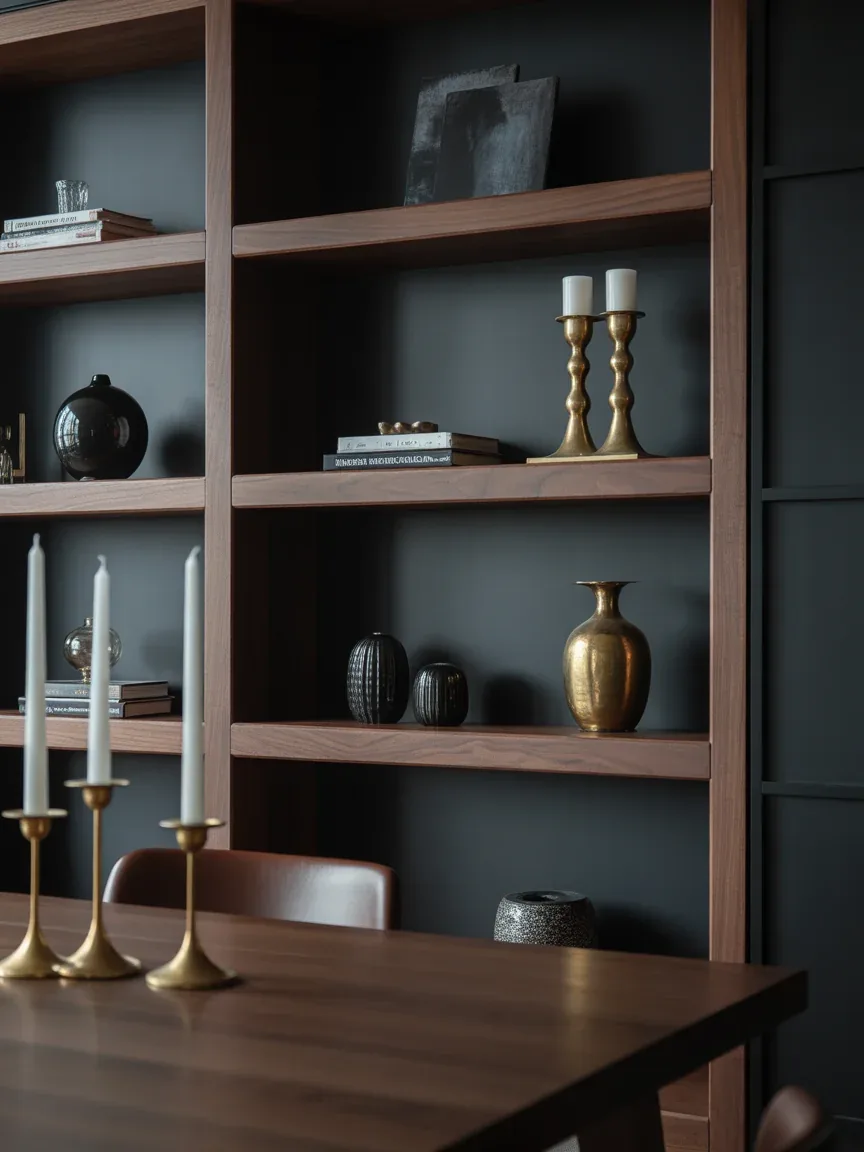 2. Moody Shelves With Dark Wood And Brass Accents 2. Moody Shelves With Dark Wood And Brass Accents