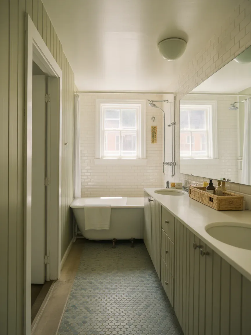 7. Narrow Galley Farmhouse Bathroom Layout 7. Narrow Galley Farmhouse Bathroom Layout
