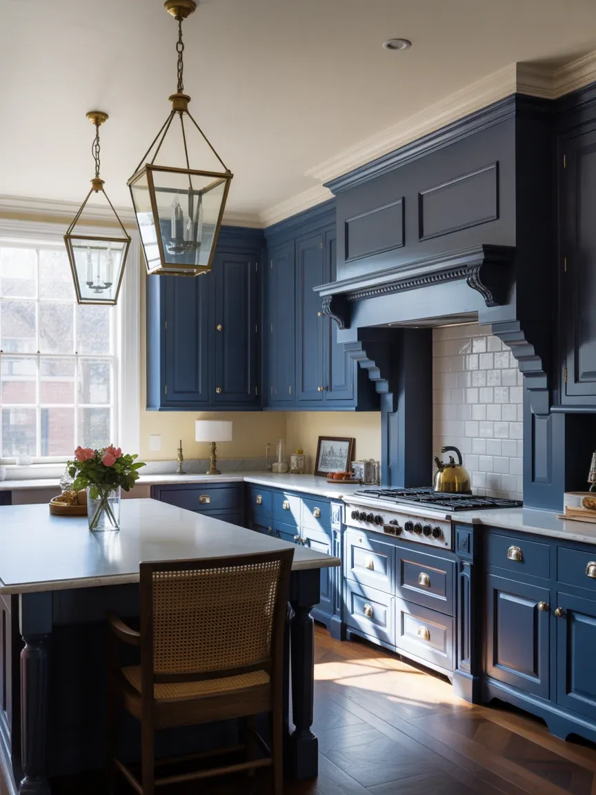 3. Navy Colonial Kitchen With Brass Lantern Lighting 3. Navy Colonial Kitchen With Brass Lantern Lighting