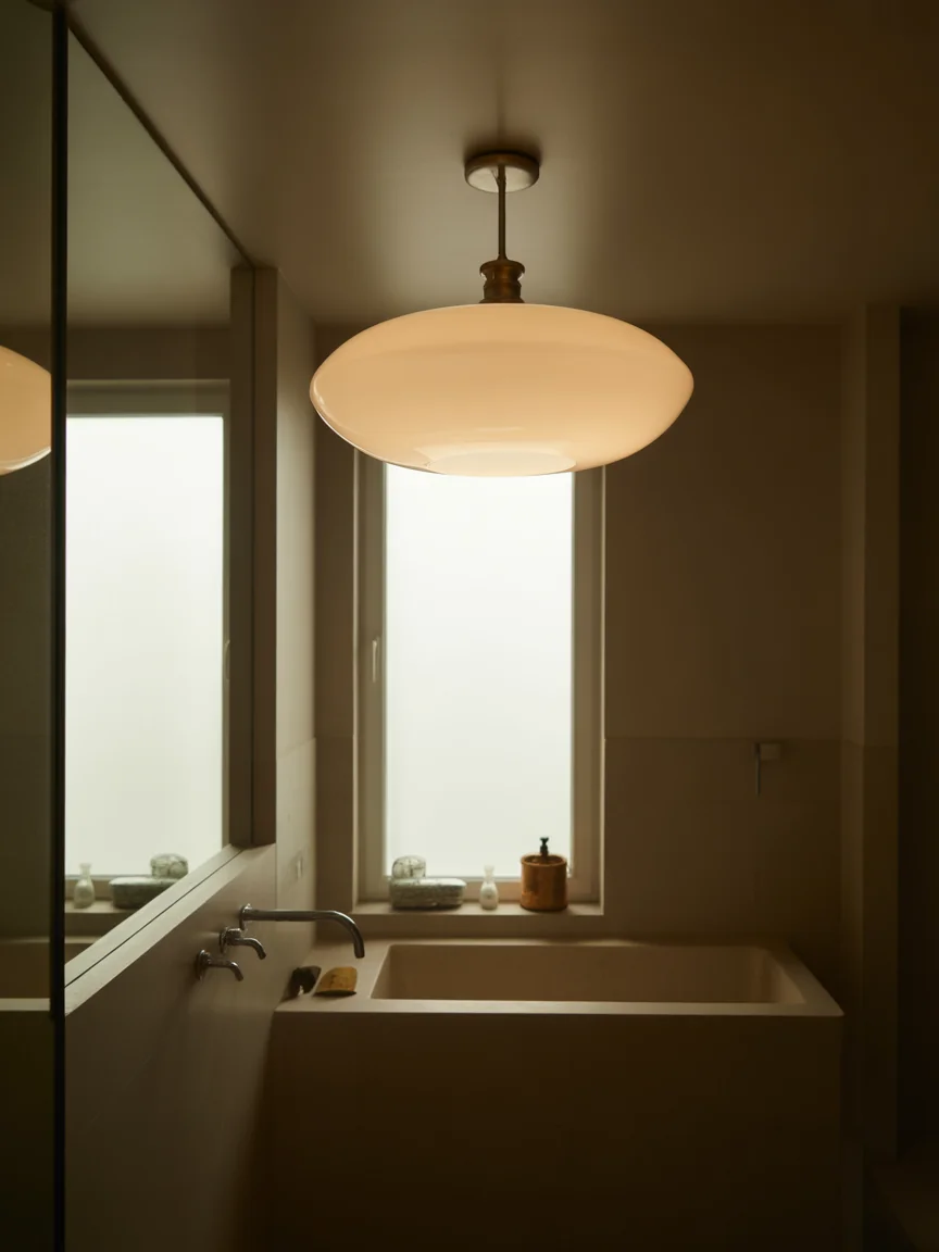20. Neutral Bathroom With Statement Lighting