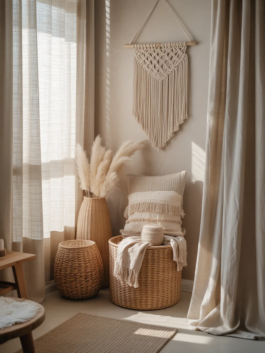 13. Neutral Boho Bathroom With Soft Layers