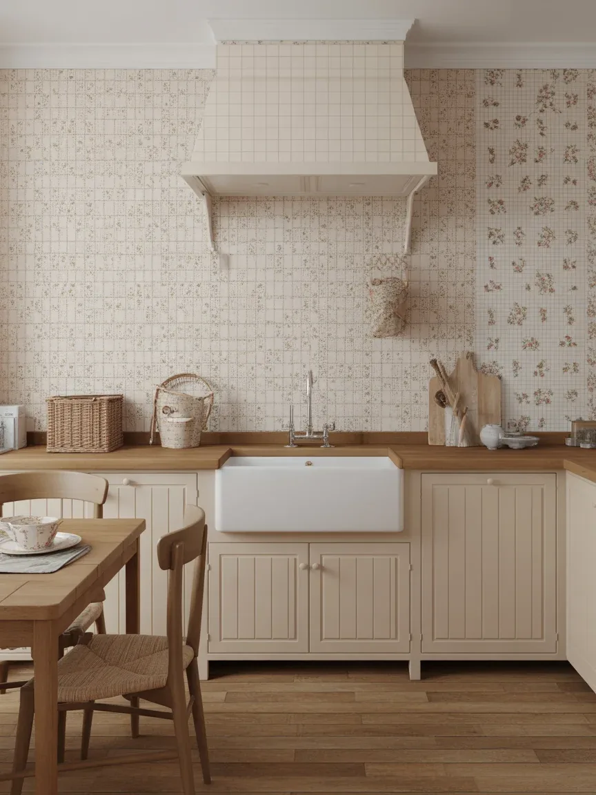 24. Neutral Patchwork Pattern Cozy Farmhouse Kitchen 24. Neutral Patchwork Pattern Cozy Farmhouse Kitchen
