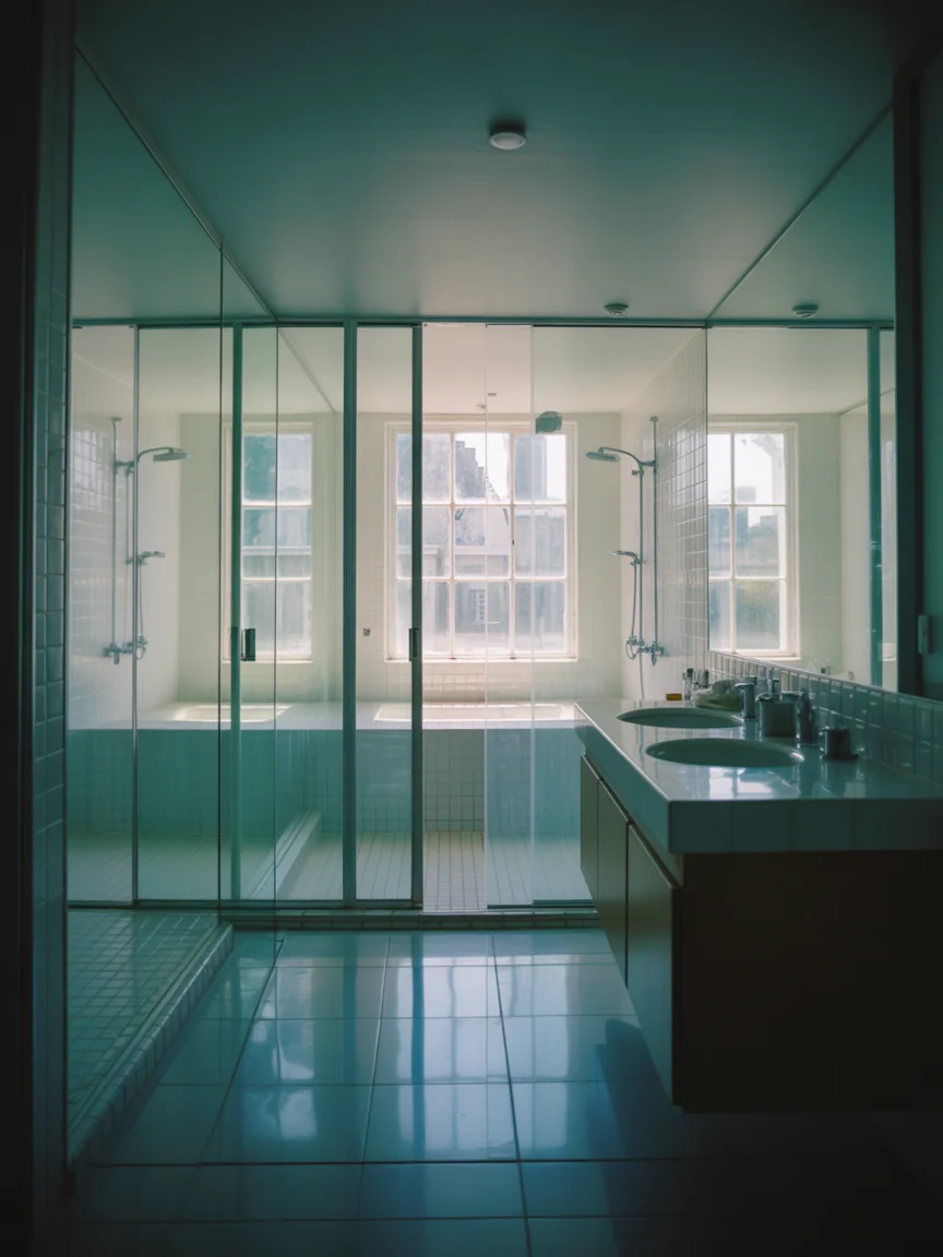 18. Open, Airy Neutral Bathroom With Glass Elements