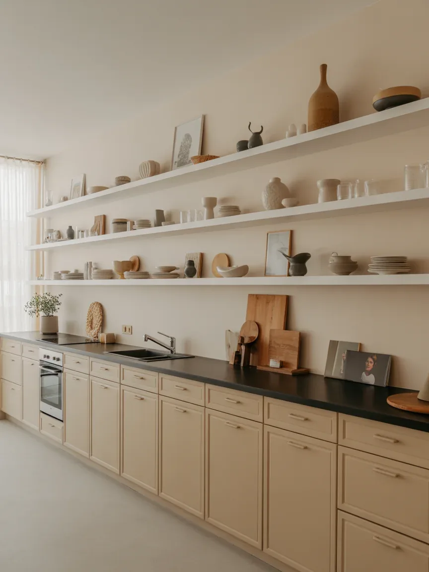 10. Open Concept Kitchen With Long Wall Shelving 10. Open Concept Kitchen With Long Wall Shelving