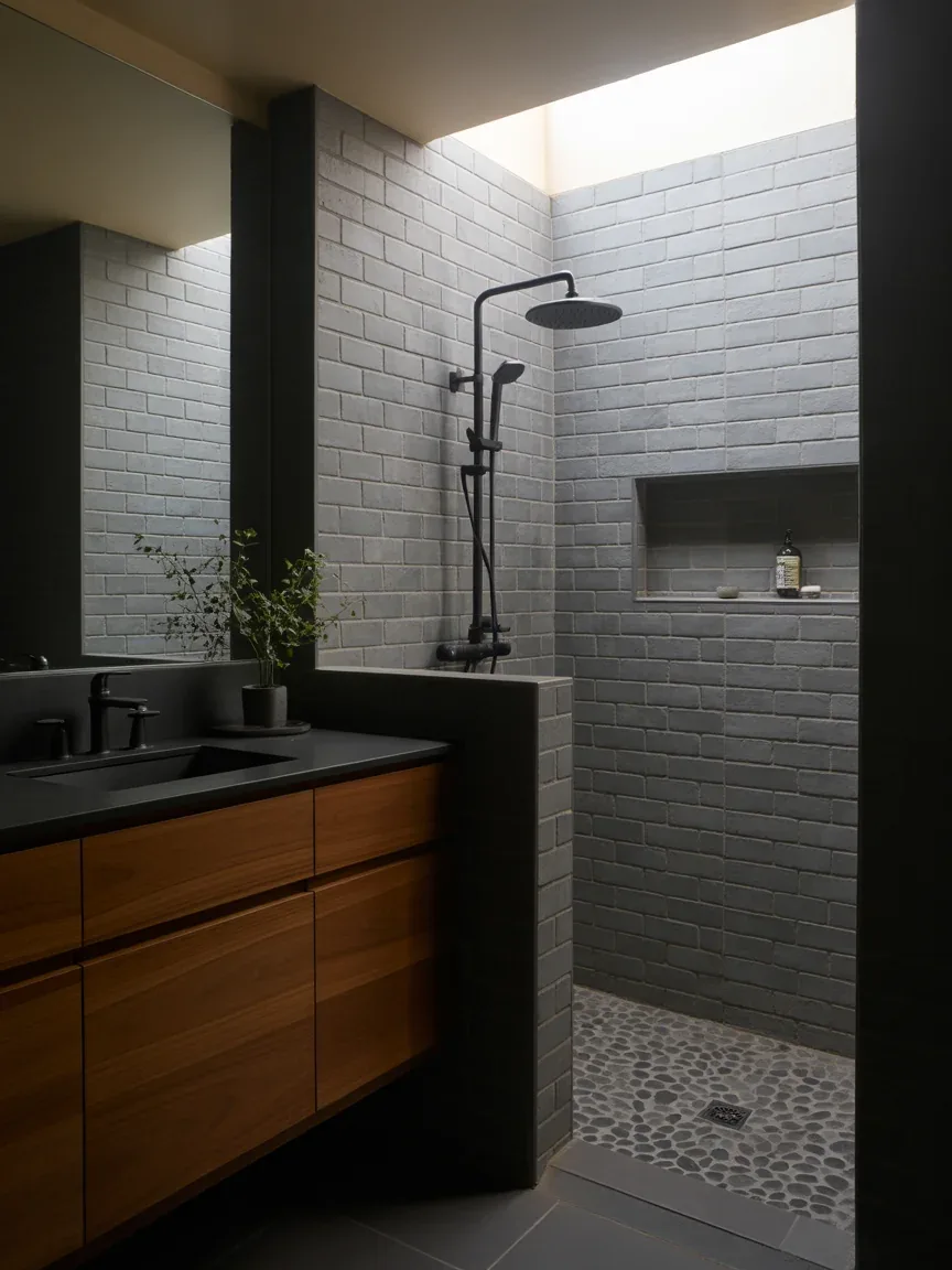 11. Organic Modern Bathroom With Pebble Stone And Walnut 11. Organic Modern Bathroom With Pebble Stone And Walnut