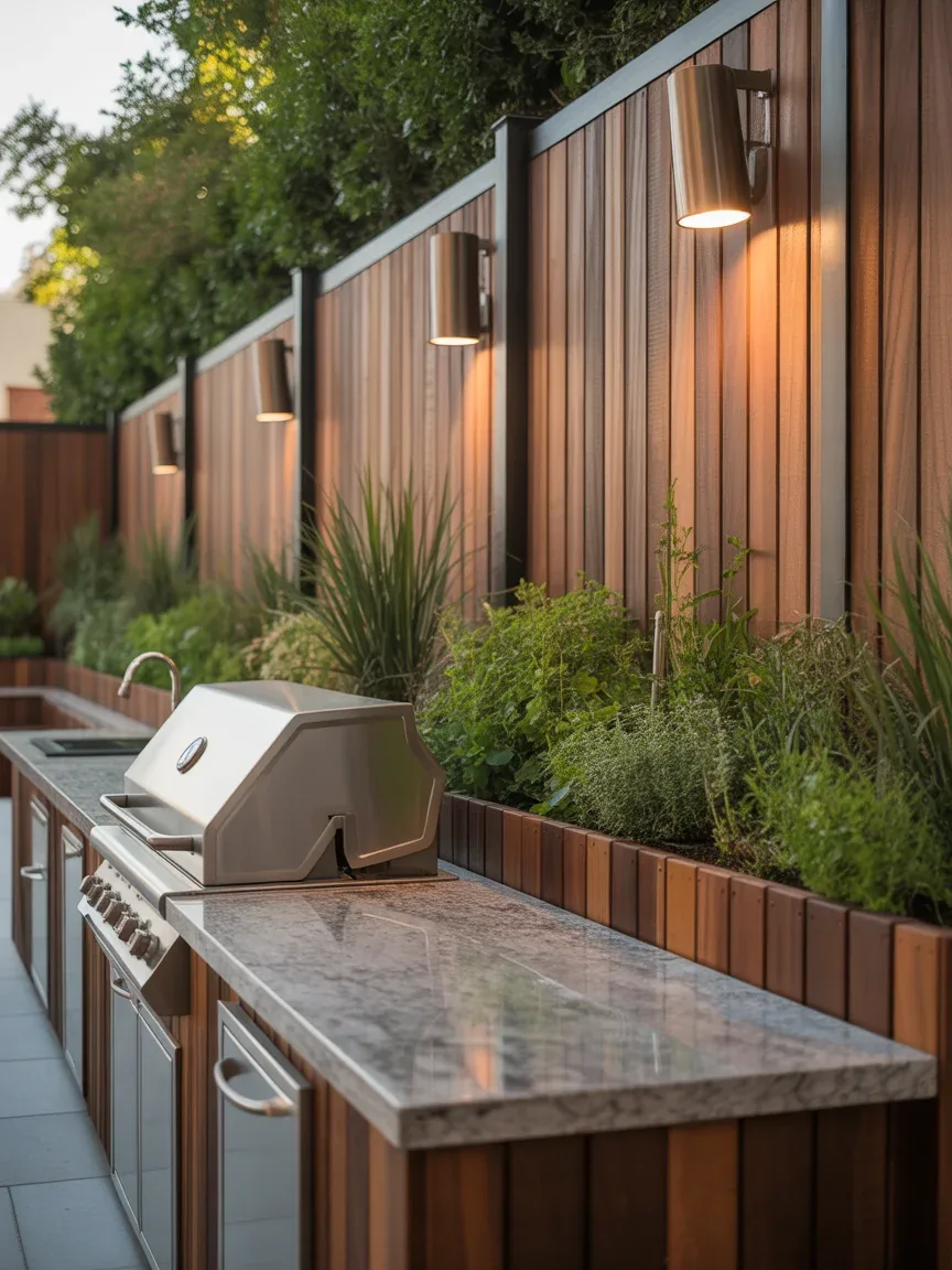 13. Outdoor Kitchen Along Fence Line 13. Outdoor Kitchen Along Fence Line