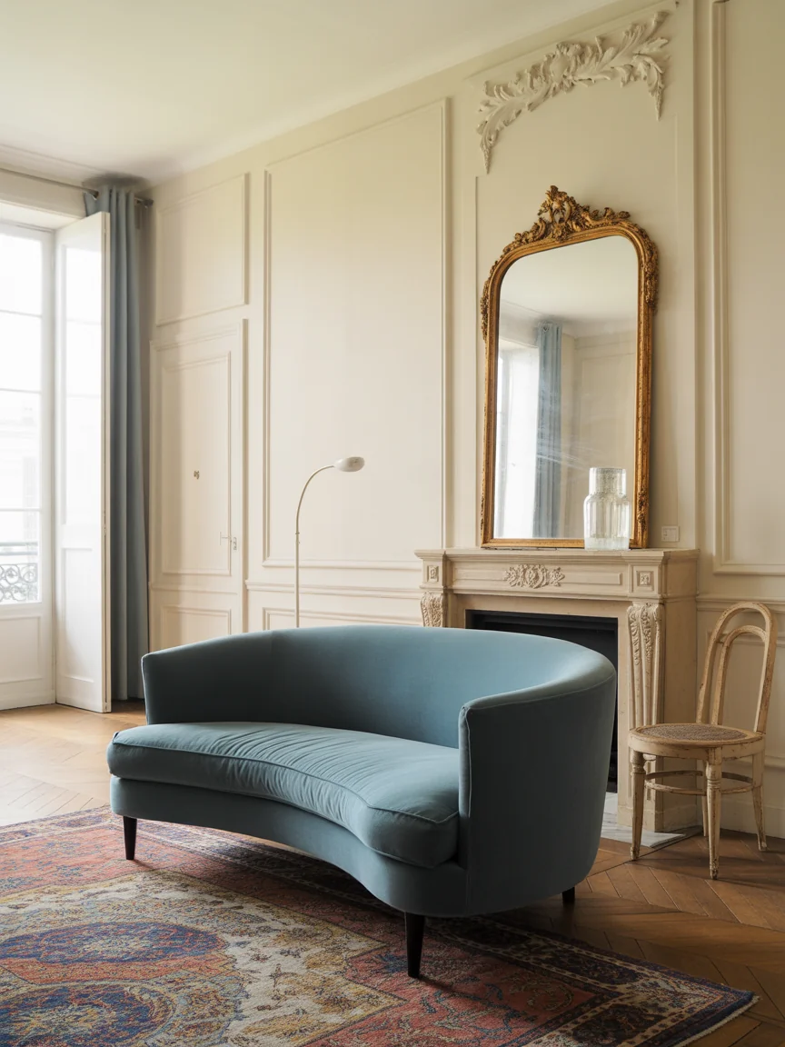 8. Parisian Chic With Elegant Blue Seating