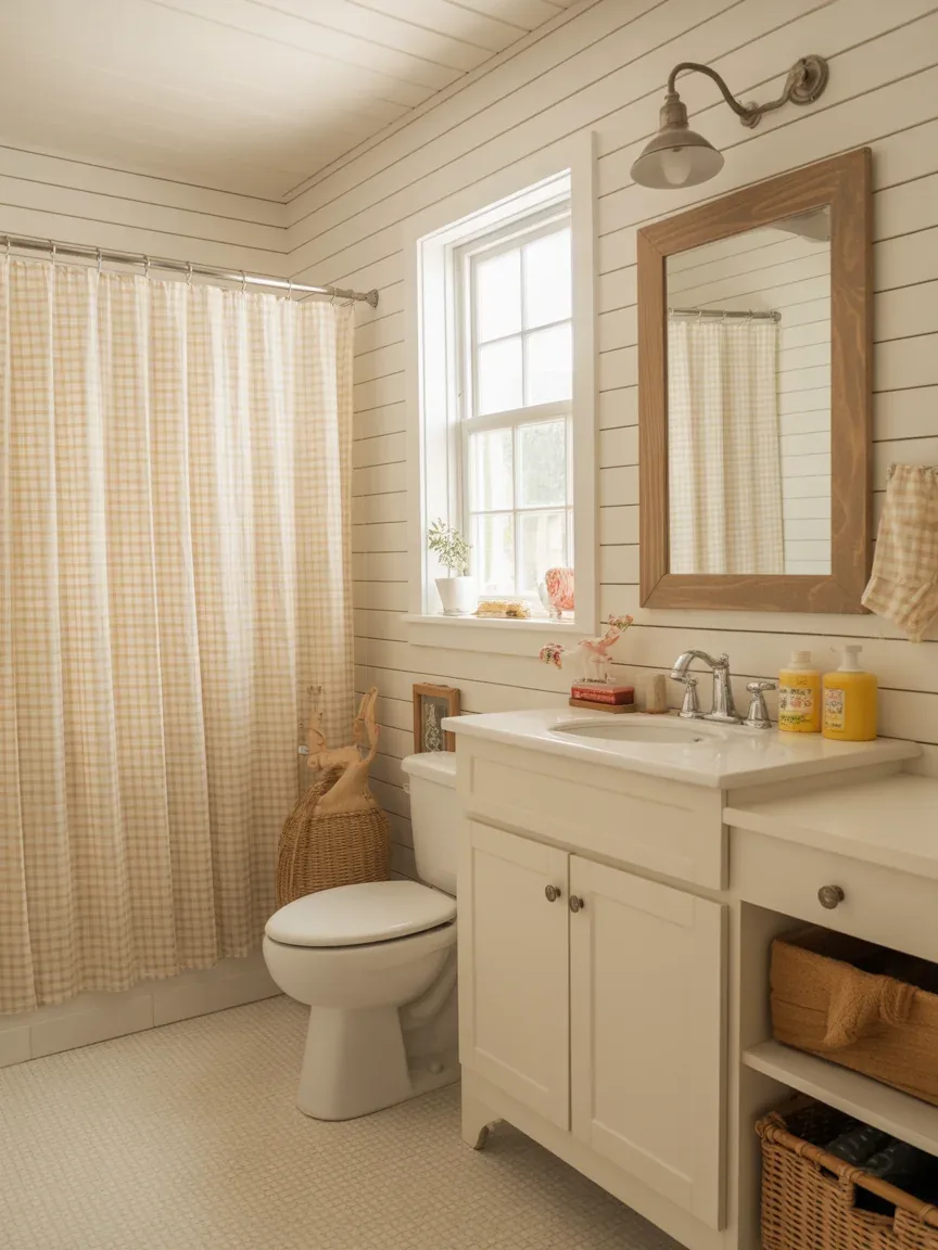 9. Playful Farmhouse With Patterned Shower Curtain 9. Playful Farmhouse With Patterned Shower Curtain