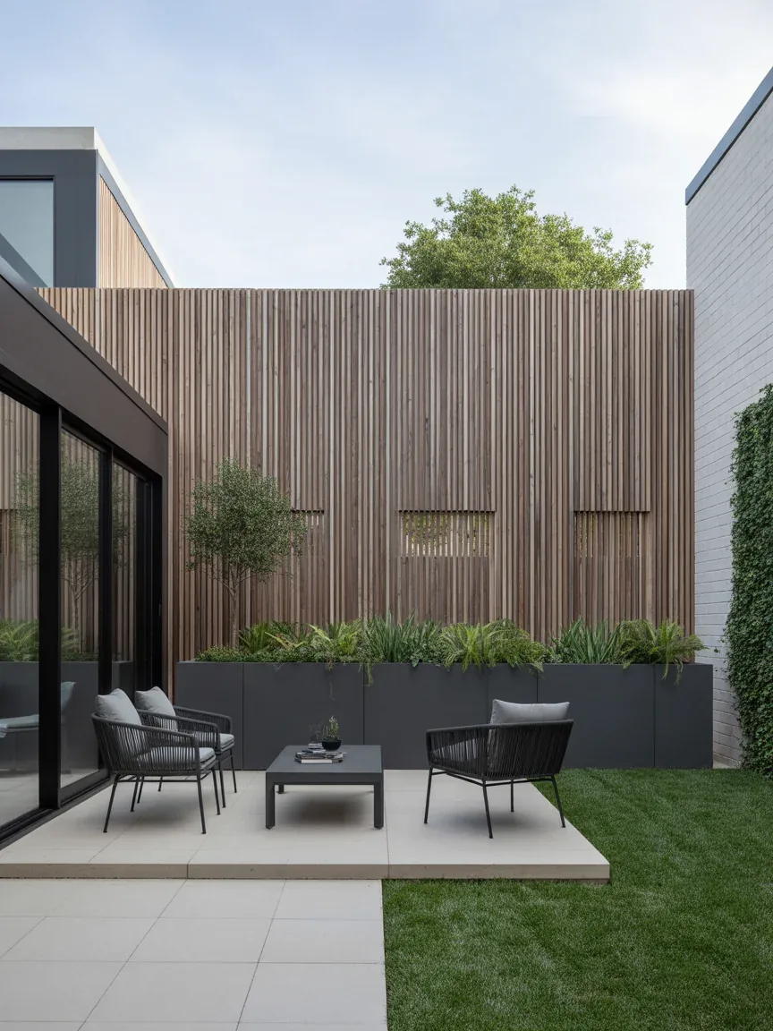 20. Privacy Wall With Wood Slat Panels 20. Privacy Wall With Wood Slat Panels