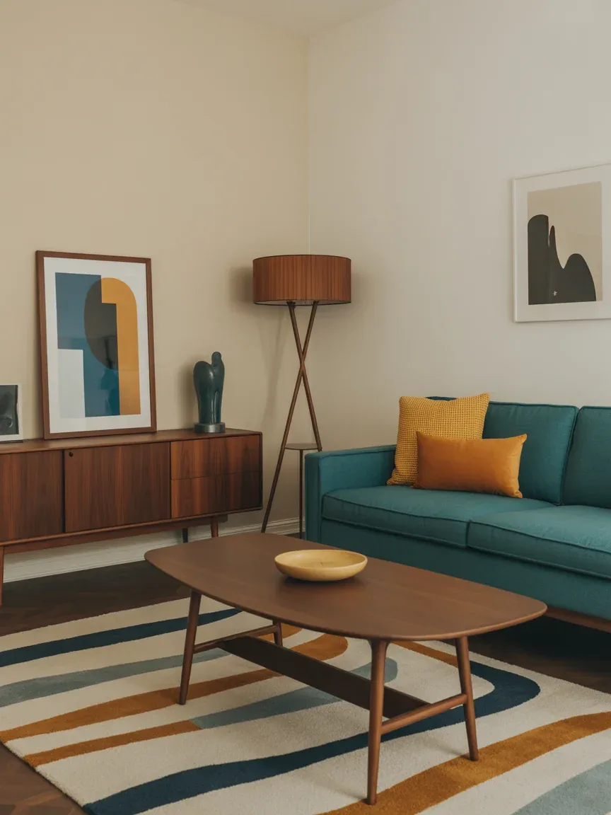 13. Retro Mid-Century With Teal Blue Sofa 13. Retro Mid-Century With Teal Blue Sofa