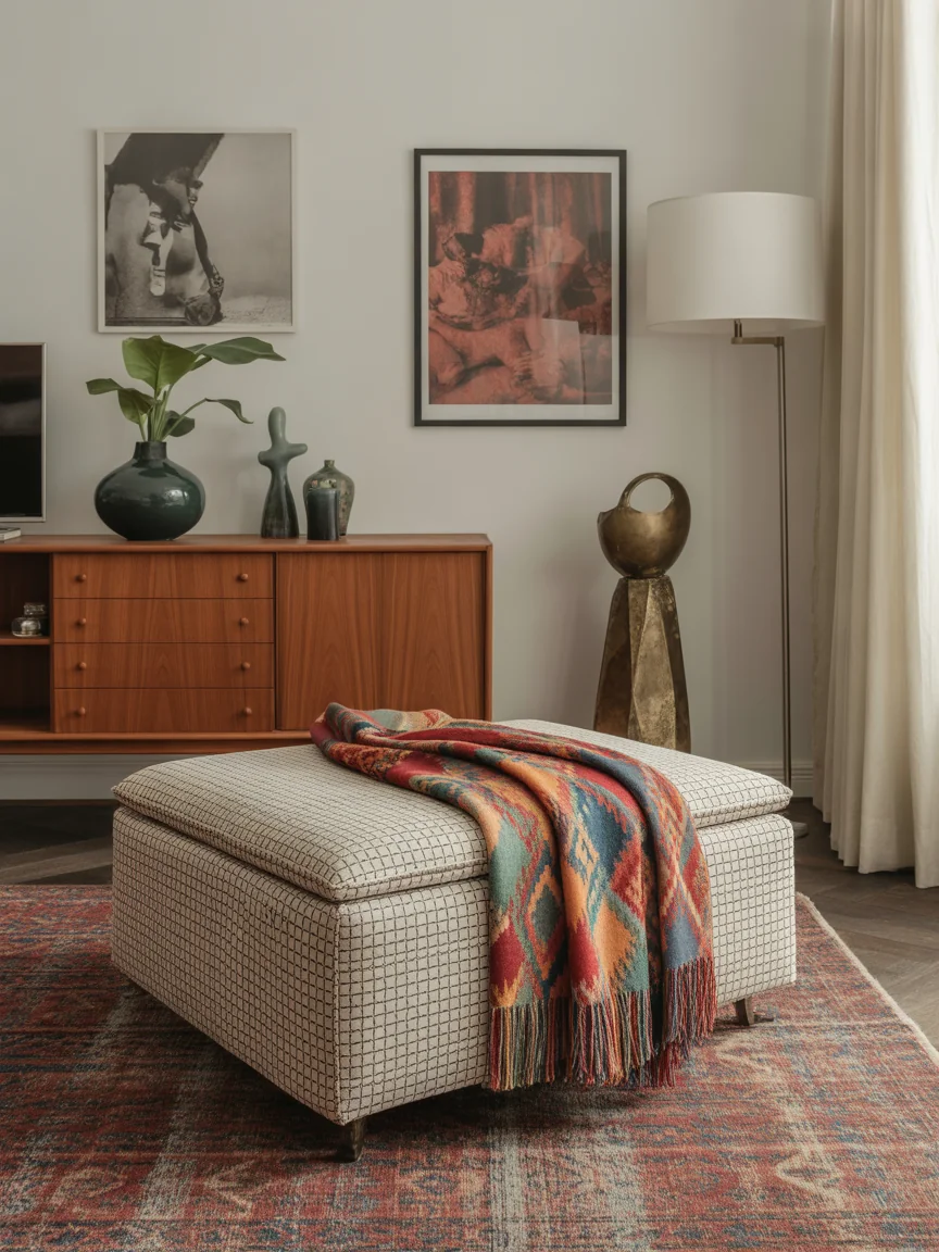 17. Retro Revival With Patterned Ottoman Storage