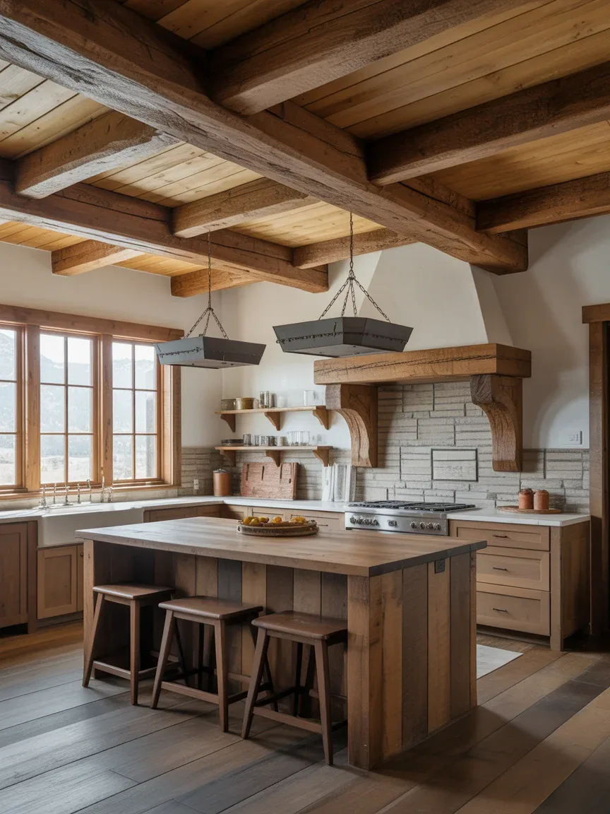 3. Rustic Beam-Filled Kitchen With Stone Accents 3. Rustic Beam-Filled Kitchen With Stone Accents