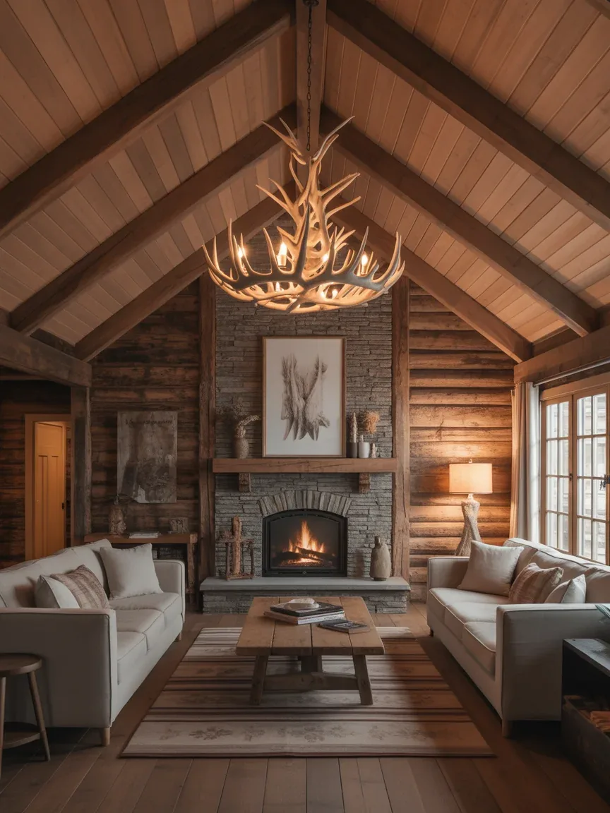 17. Rustic Cabin Living Room With Antler Chandelier 17. Rustic Cabin Living Room With Antler Chandelier