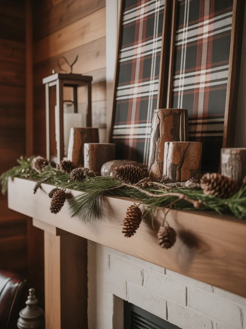 17. Rustic Cabin-Inspired Mantel With Plaid and Pinecones 17. Rustic Cabin-Inspired Mantel With Plaid and Pinecones