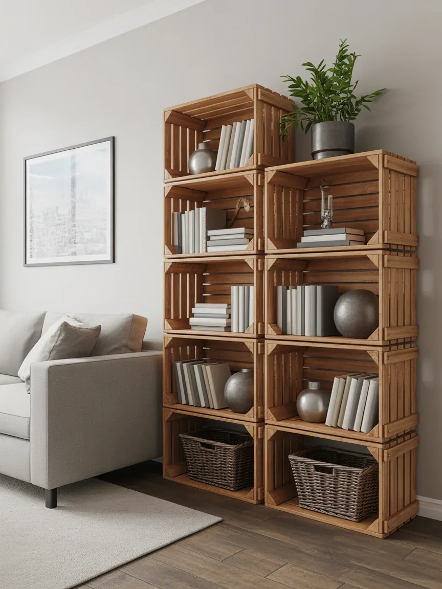 13. Rustic Crate Stack Bookshelf 13. Rustic Crate Stack Bookshelf