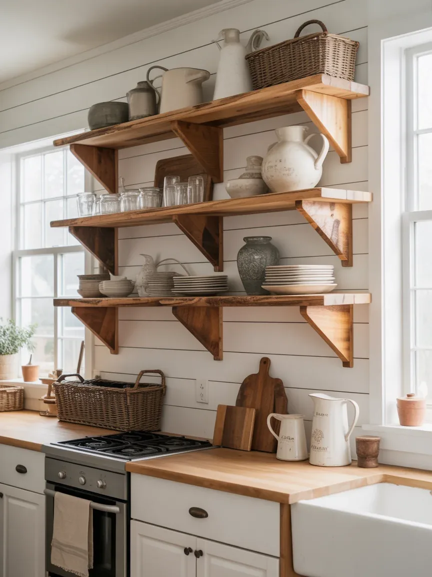 2. Rustic Farmhouse Kitchen With Chunky Wood Shelves 2. Rustic Farmhouse Kitchen With Chunky Wood Shelves