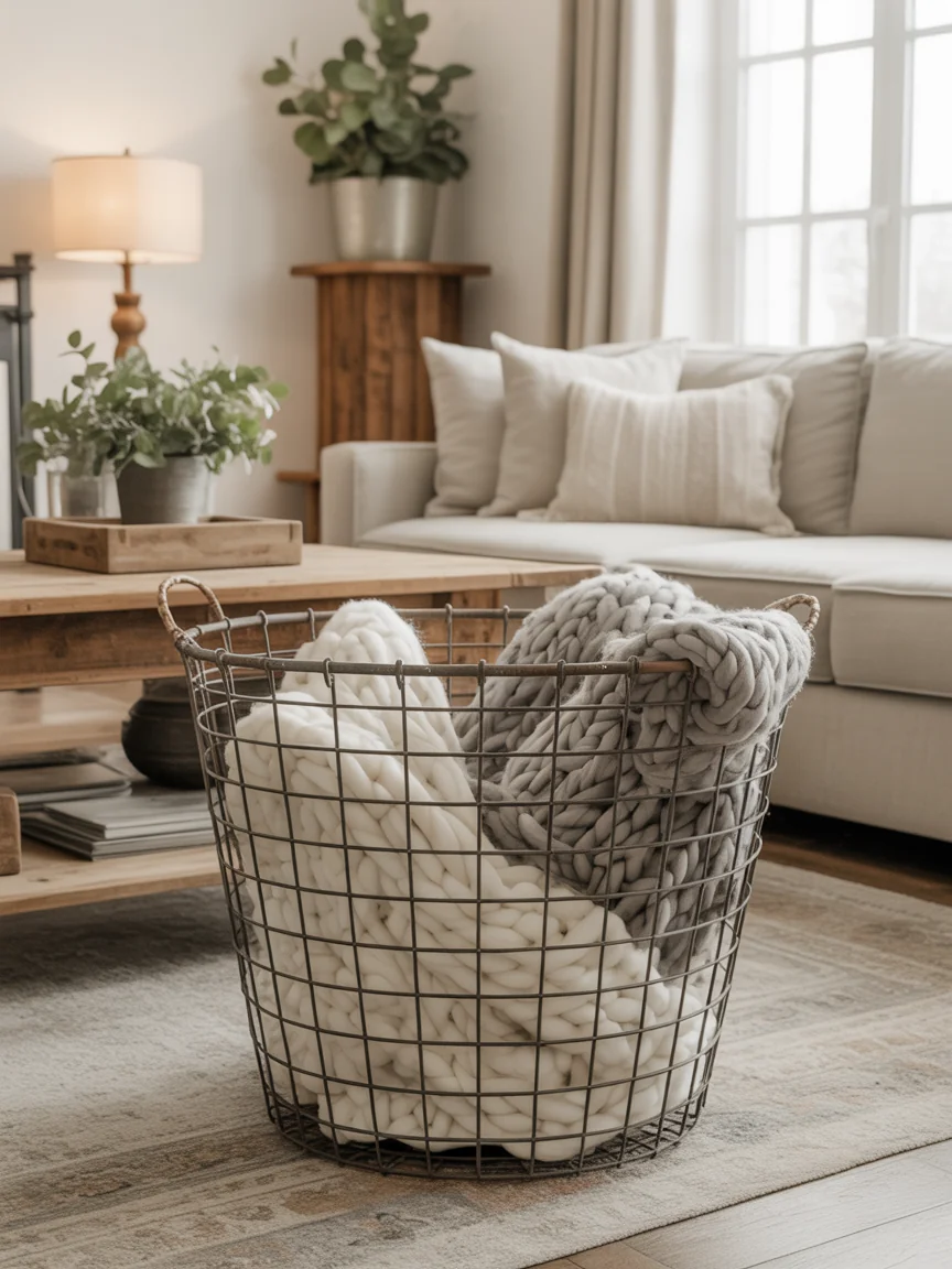 6. Rustic Farmhouse With Wire Basket Charm