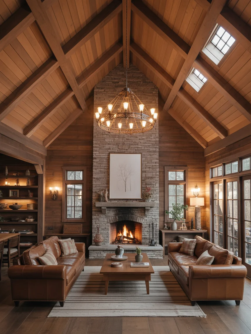 2. Rustic Lodge With Exposed Wood Beams