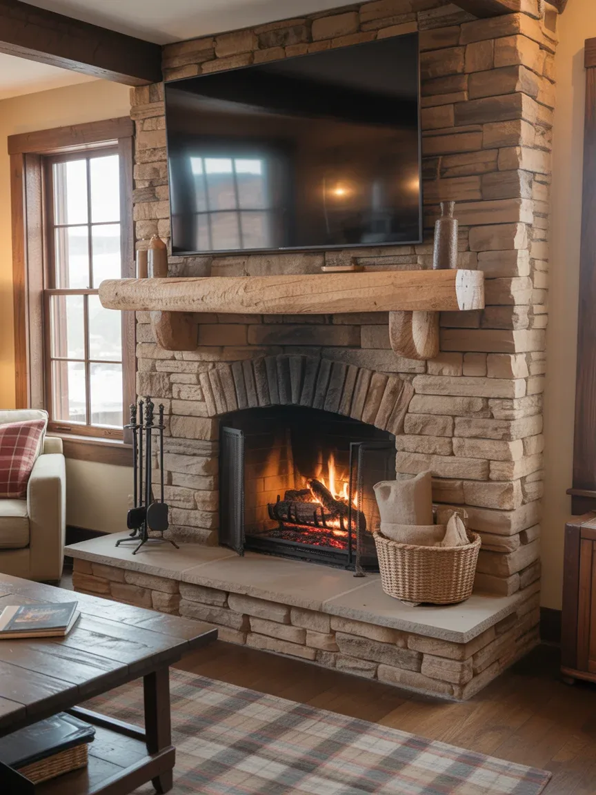 6. Rustic Stone Fireplace With TV Above 6. Rustic Stone Fireplace With TV Above