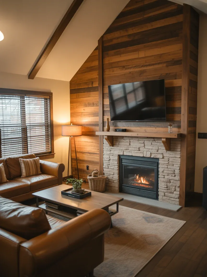 4. Rustic Wood Accent Wall With Fireplace and TV 4. Rustic Wood Accent Wall With Fireplace and TV