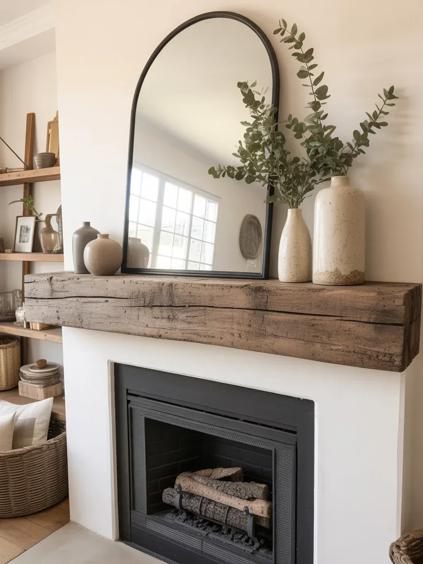 2. Rustic Wood Beam Mantel With Oversized Mirror Styling 2. Rustic Wood Beam Mantel With Oversized Mirror Styling