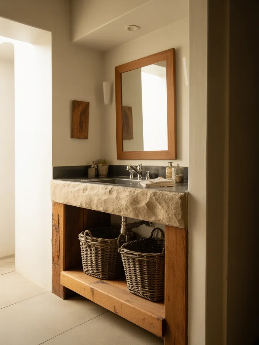 2. Rustic Wood Vanity With Stone Countertop 2. Rustic Wood Vanity With Stone Countertop