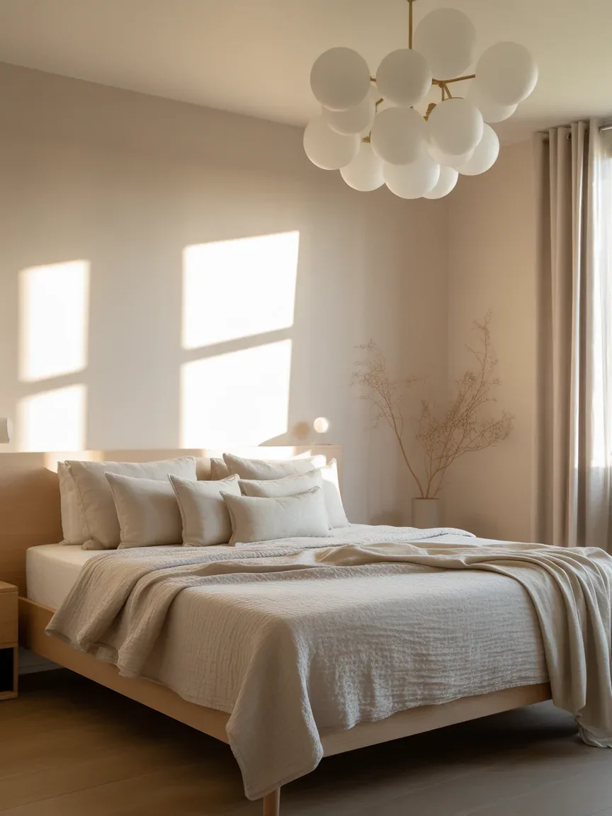 4. Scandinavian Bedroom With Soft Globe Chandelier 4. Scandinavian Bedroom With Soft Globe Chandelier