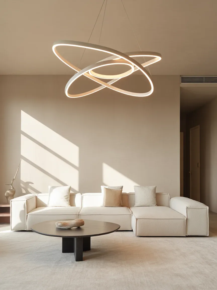 1. Sculptural Minimalist Living Room With Statement LED Chandelier 1. Sculptural Minimalist Living Room With Statement LED Chandelier
