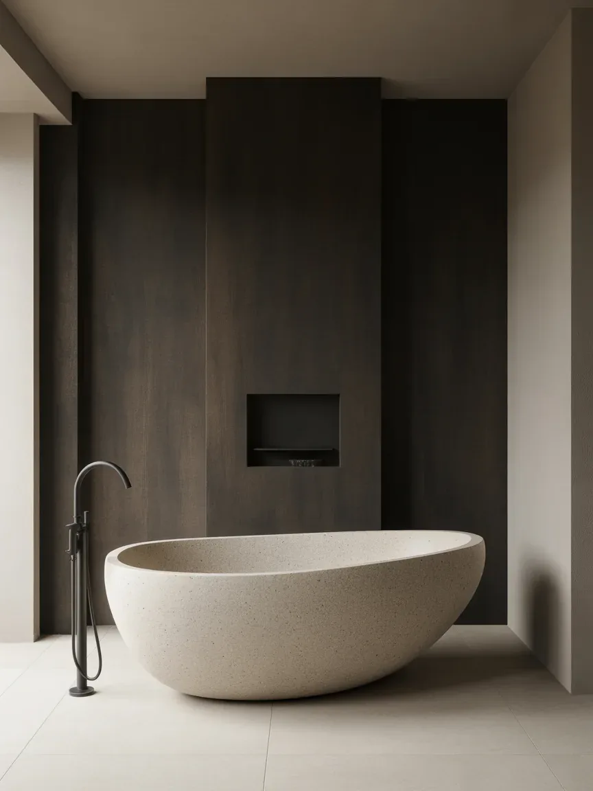 12. Sculptural Statement Bathroom With Freestanding Stone Tub 12. Sculptural Statement Bathroom With Freestanding Stone Tub