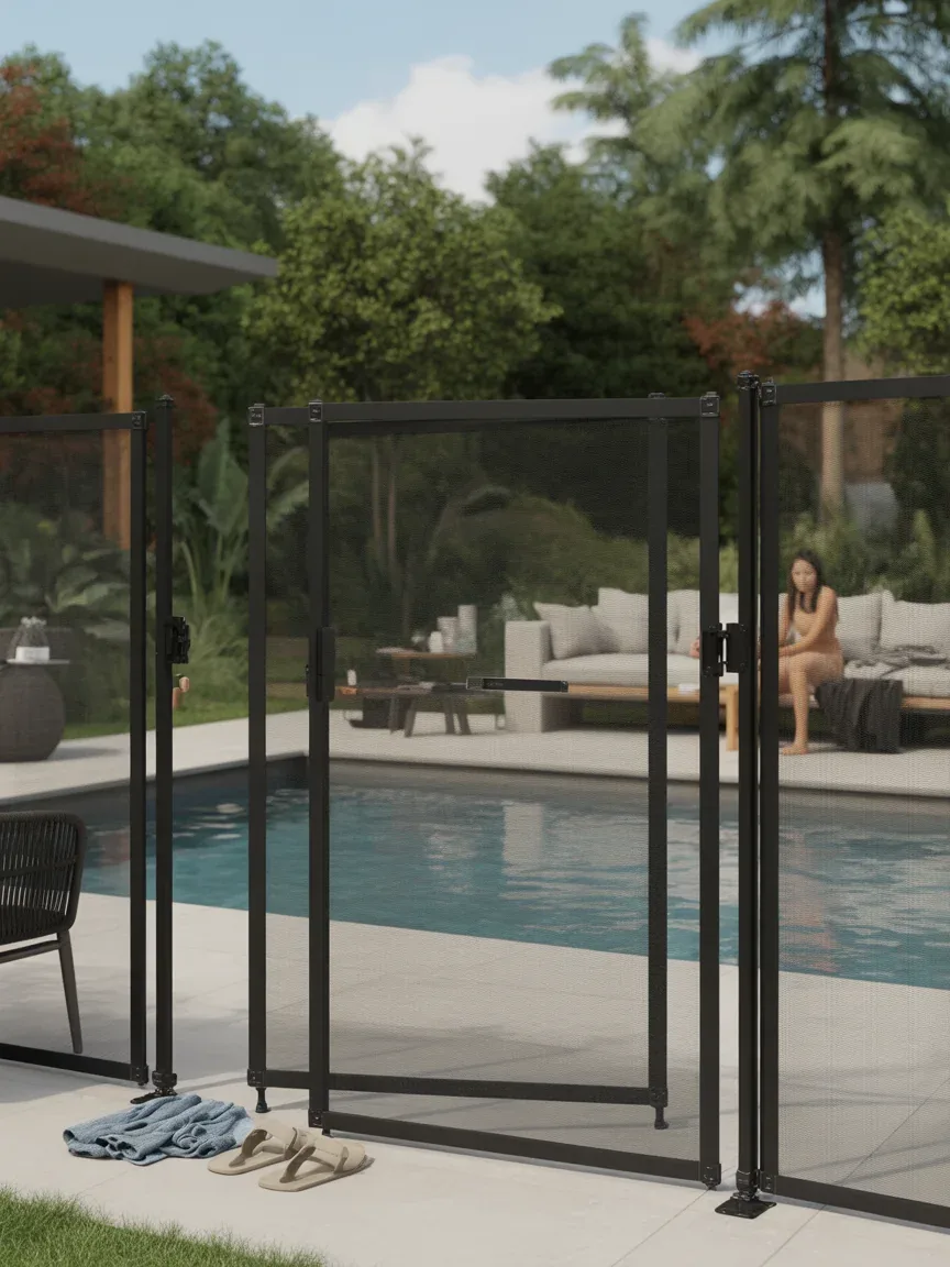 1. Sleek Black Mesh Safety Fence With Minimal Hardware 1. Sleek Black Mesh Safety Fence With Minimal Hardware