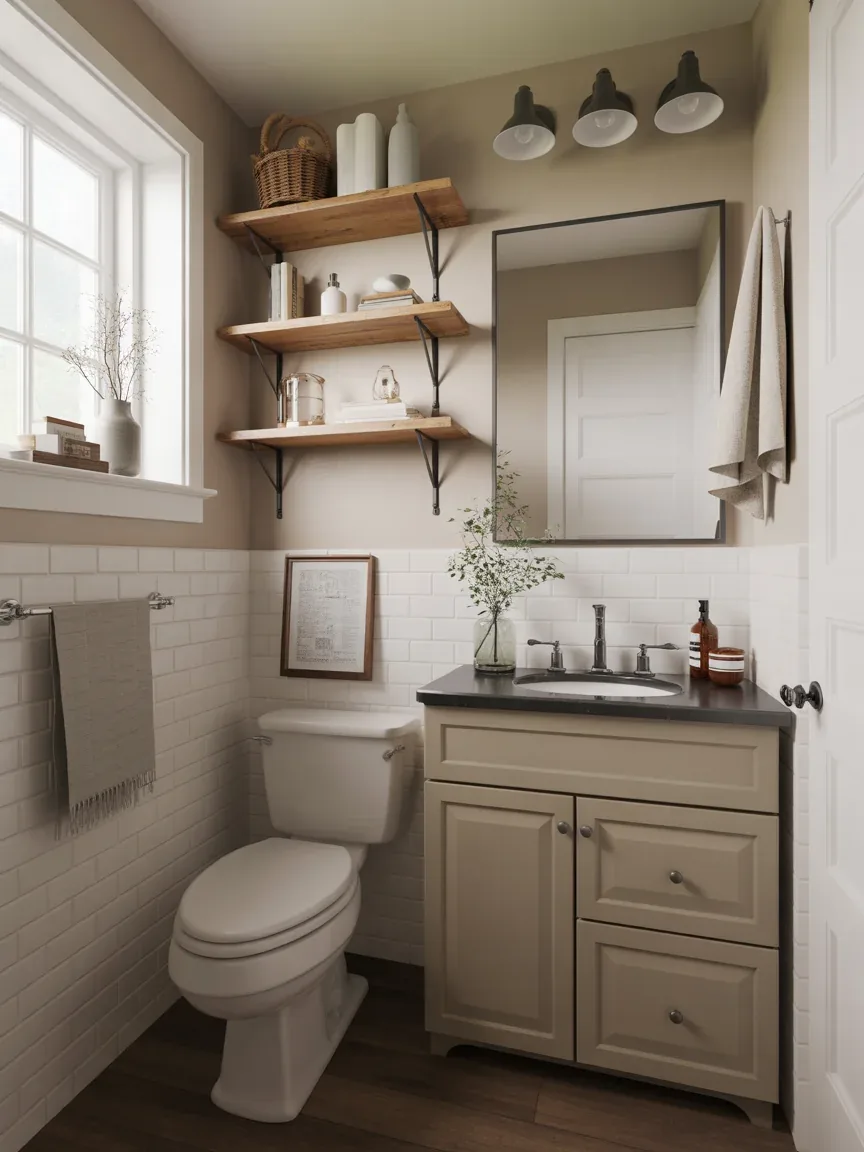 15. Small Farmhouse Bathroom With Smart Rustic Storage 15. Small Farmhouse Bathroom With Smart Rustic Storage