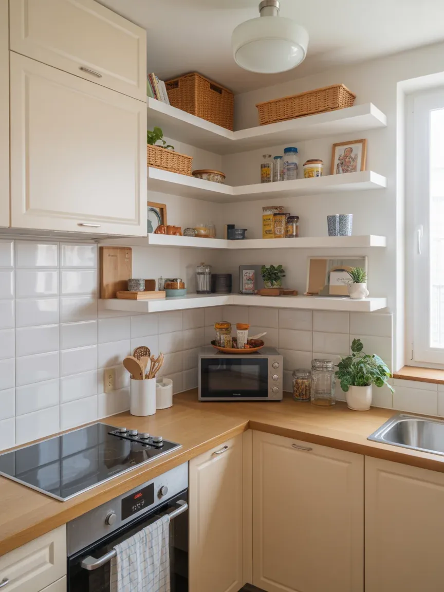 7. Small Kitchen With Smart Corner Floating Shelves 7. Small Kitchen With Smart Corner Floating Shelves