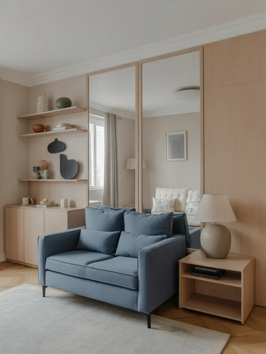 23. Small Space Smart Layout With Blue Loveseat 23. Small Space Smart Layout With Blue Loveseat
