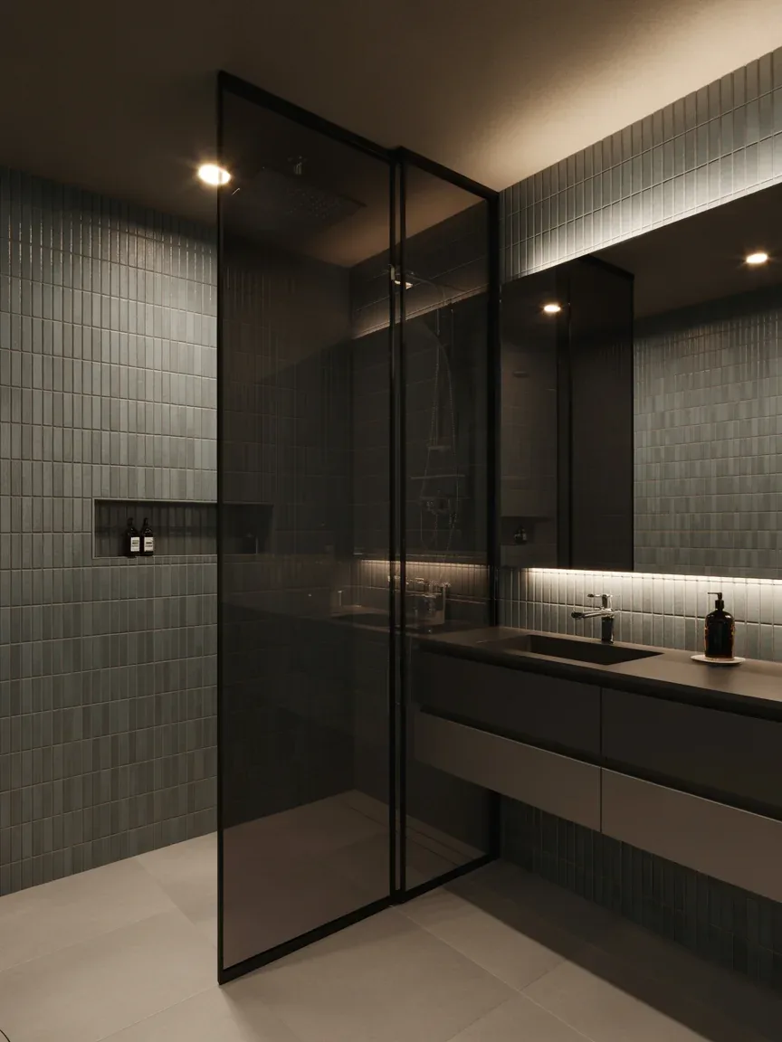 10. Smoked Glass and Black Luxe Bathroom 10. Smoked Glass and Black Luxe Bathroom