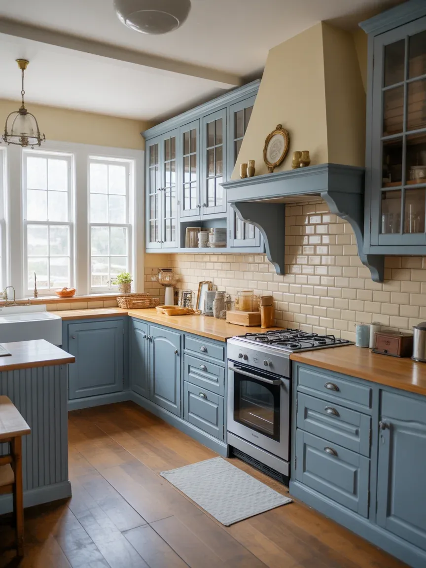 4. Soft Blue Country Kitchen With Vintage Charm 4. Soft Blue Country Kitchen With Vintage Charm